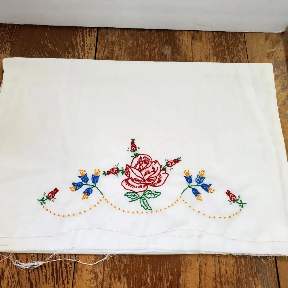 Vintage Hand Embroidered Floral Pillowcases White Cotton Pair 2 Cottagecore